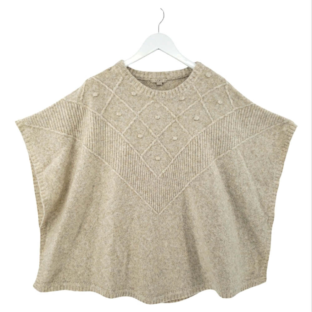LOFT Poncho Sweater Vest Boxy Oversized in Tan/Cream XS/S Oversized Wool Blend